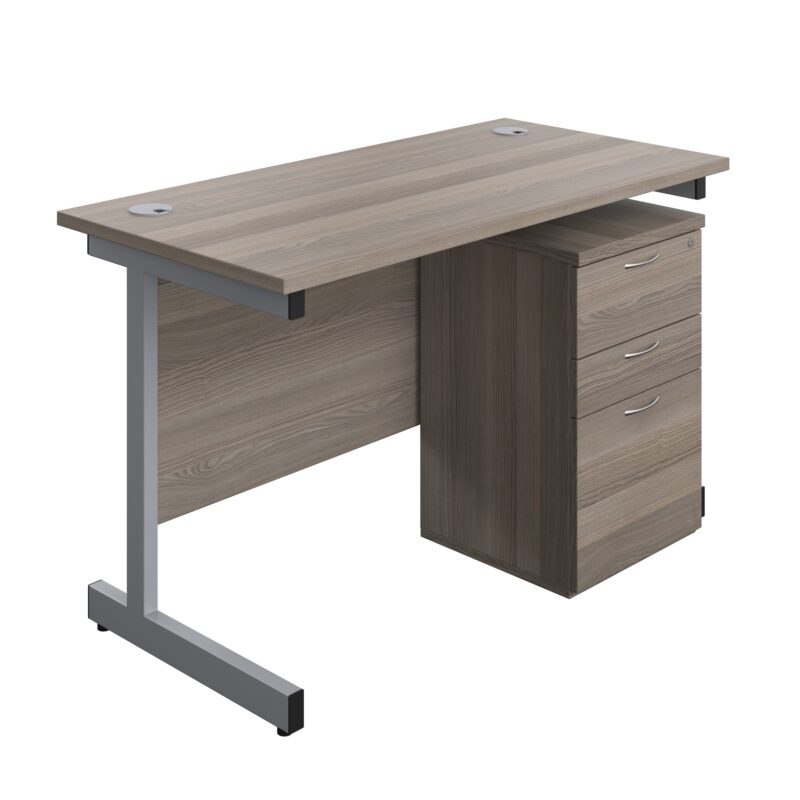 Single Upright Rectangular Desk + High Mobile Pedestal 3 Drawer | 1200 X 600 | Grey Oak/Silver