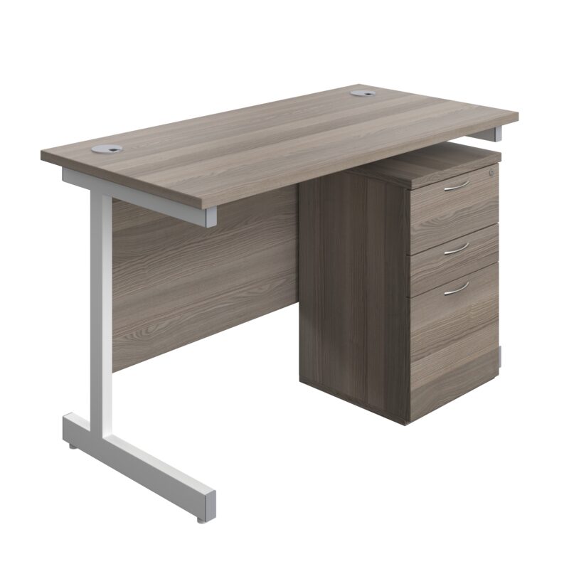 Single Upright Rectangular Desk + High Mobile Pedestal 3 Drawer | 1200 X 600 | Grey Oak/White