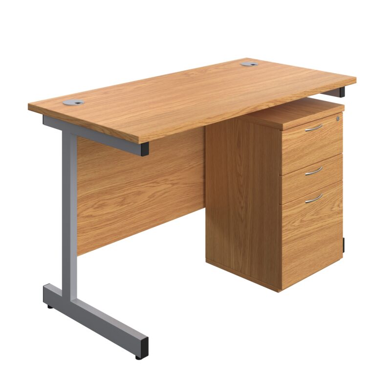 Single Upright Rectangular Desk + High Mobile Pedestal 3 Drawer | 1200 X 600 | Nova Oak/Silver