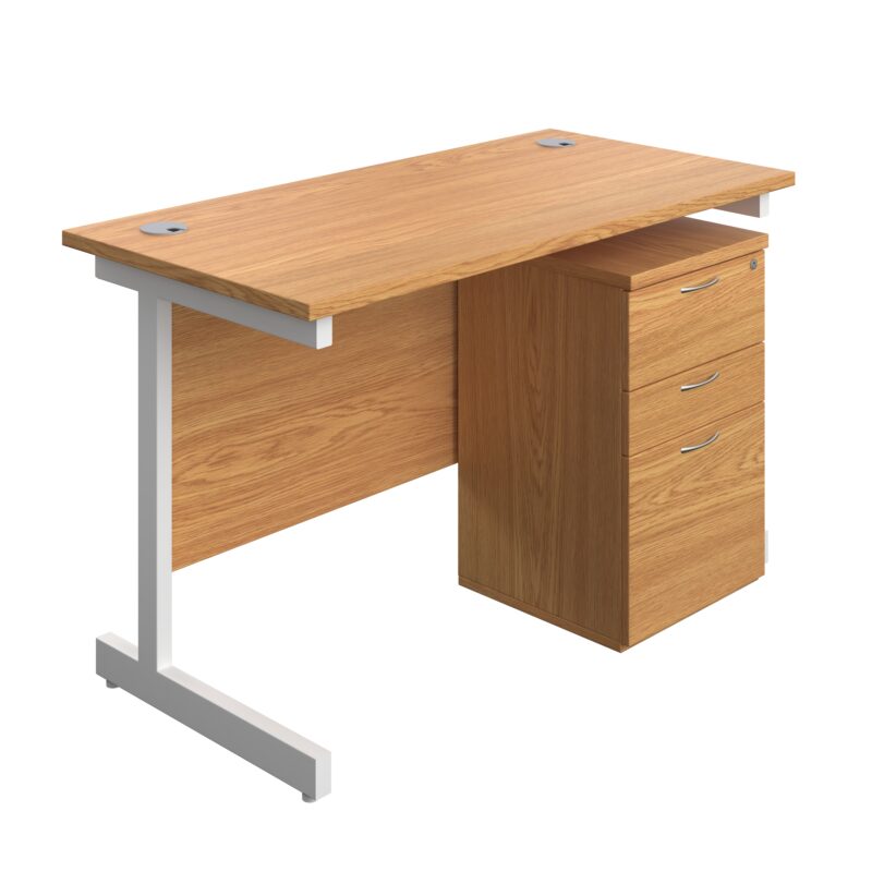 Single Upright Rectangular Desk + High Mobile Pedestal 3 Drawer | 1200 X 600 | Nova Oak/White