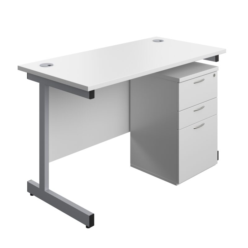 Single Upright Rectangular Desk + High Mobile Pedestal 3 Drawer | 1200 X 600 | White/Silver