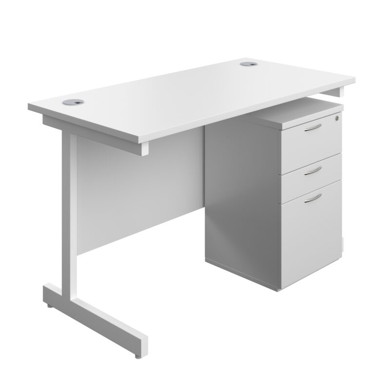 Single Upright Rectangular Desk + High Mobile Pedestal 3 Drawer | 1200 X 600 | White/White