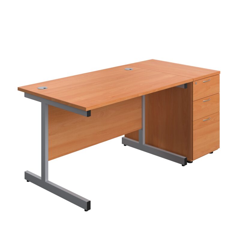 Single Upright Rectangular Desk + Desk High 3 Drawer Pedestal | 1200 X 800 | Beech/Silver