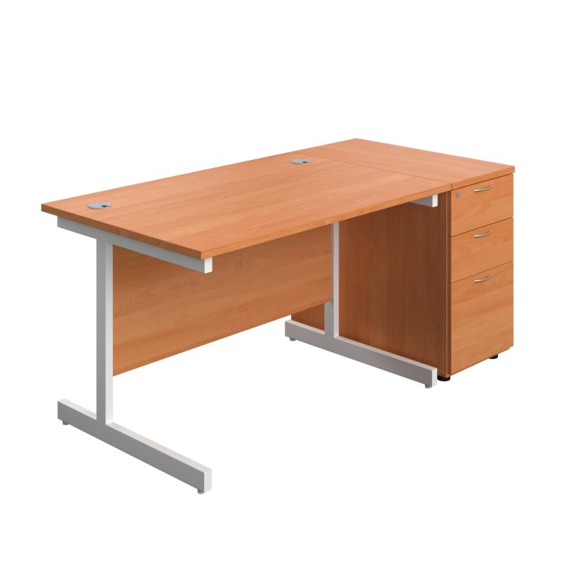 Single Upright Rectangular Desk + Desk High 3 Drawer Pedestal | 1200 X 800 | Beech/White