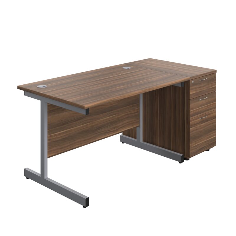 Single Upright Rectangular Desk + Desk High 3 Drawer Pedestal | 1200 X 800 | Dark Walnut/Silver