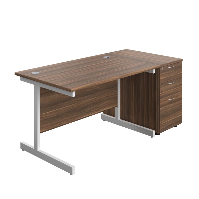 Single Upright Rectangular Desk + Desk High 3 Drawer Pedestal | 1200 X 800 | Dark Walnut/White