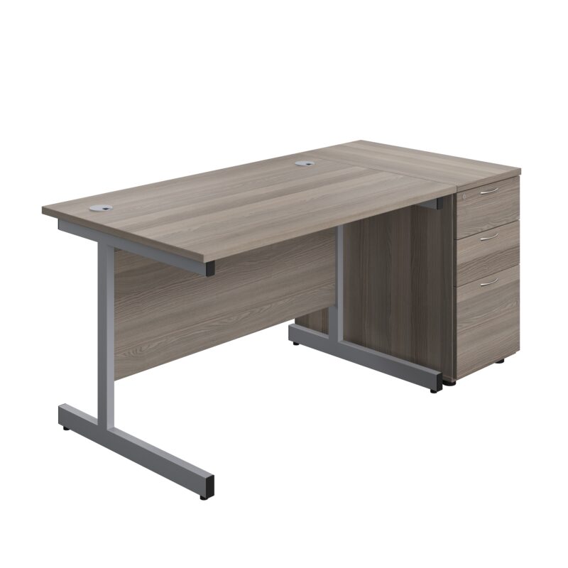 Single Upright Rectangular Desk + Desk High 3 Drawer Pedestal | 1200 X 800 | Grey Oak/Silver