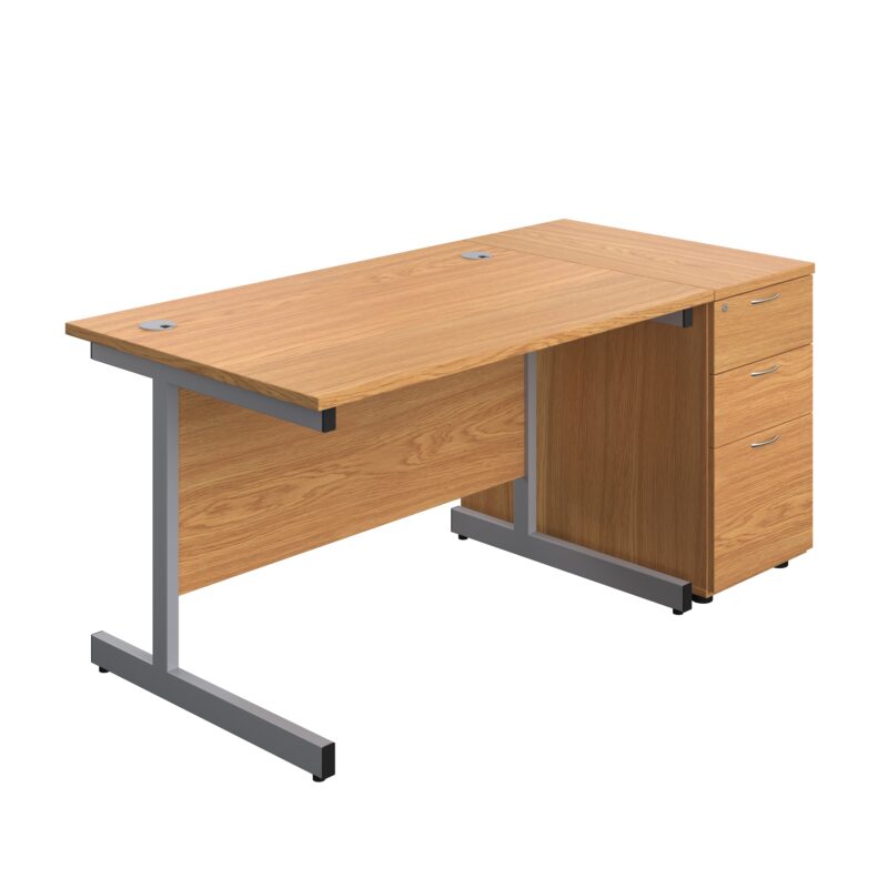 Single Upright Rectangular Desk + Desk High 3 Drawer Pedestal | 1200 X 800 | Nova Oak/Silver