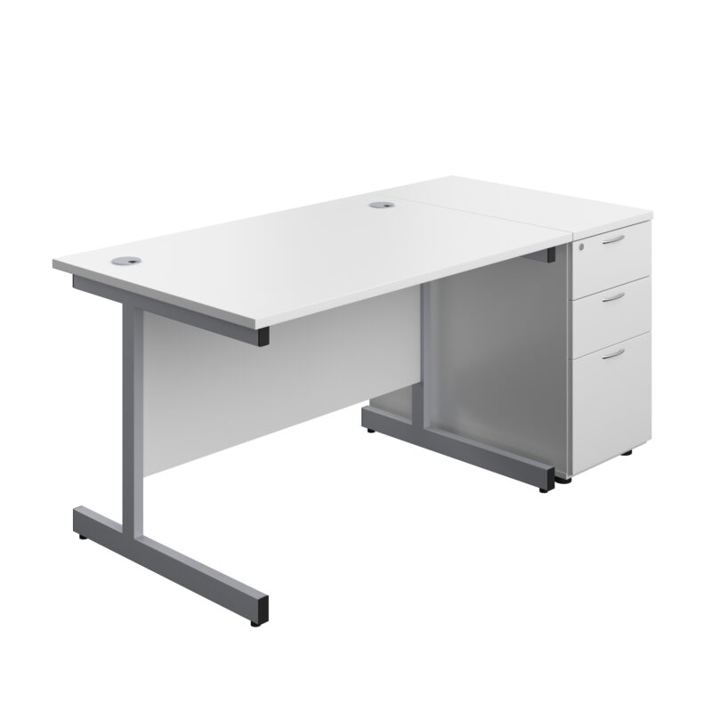 Single Upright Rectangular Desk + Desk High 3 Drawer Pedestal | 1200 X 800 | White/Silver