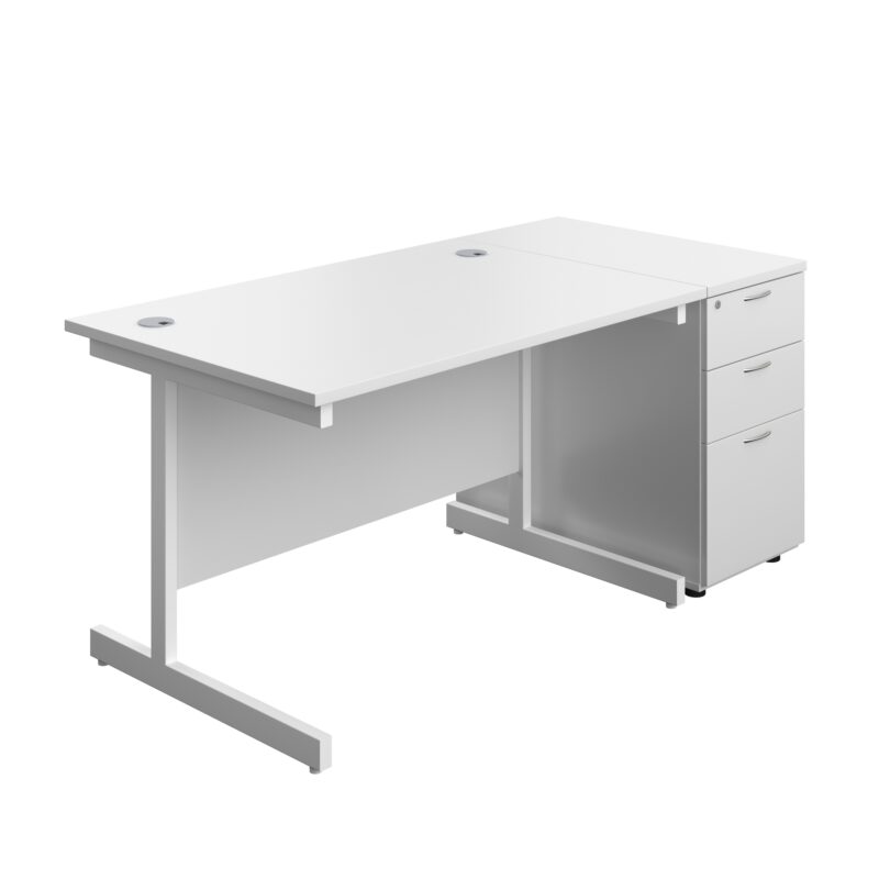 Single Upright Rectangular Desk + Desk High 3 Drawer Pedestal | 1200 X 800 | White/White