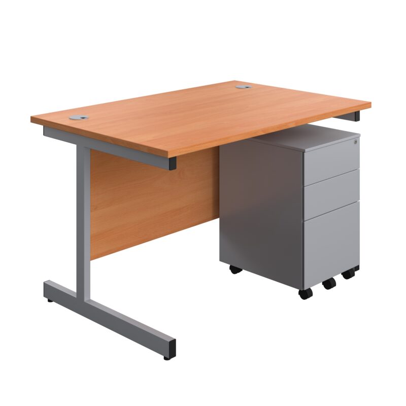 Single Upright Rectangular Desk + Under Desk Steel Pedestal 3 Drawers | 1200 X 800 | Beech/Silver