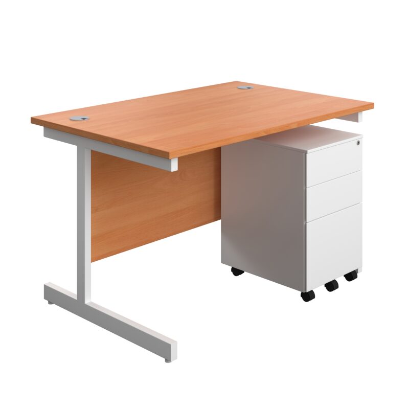 Single Upright Rectangular Desk + Under Desk Steel Pedestal 3 Drawers | 1200 X 800 | Beech/White