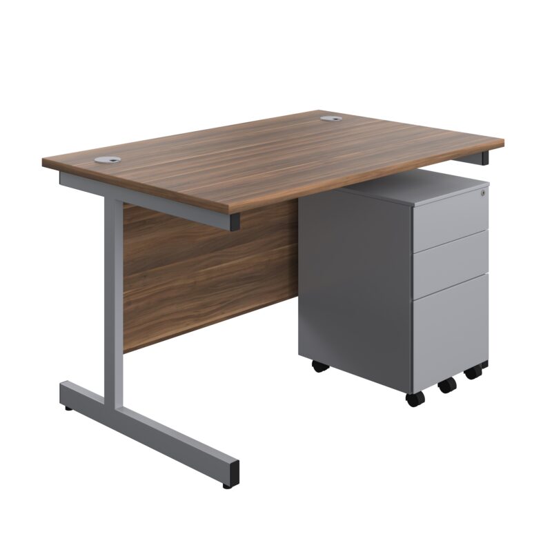 Single Upright Rectangular Desk + Under Desk Steel Pedestal 3 Drawers | 1200 X 800 | Dark Walnut/Silver