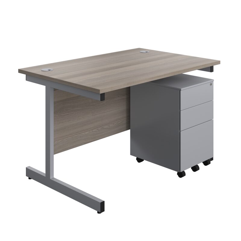 Single Upright Rectangular Desk + Under Desk Steel Pedestal 3 Drawers | 1200 X 800 | Grey Oak/Silver