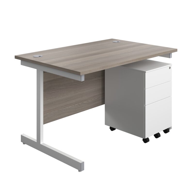 Single Upright Rectangular Desk + Under Desk Steel Pedestal 3 Drawers | 1200 X 800 | Grey Oak/White