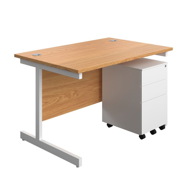 Single Upright Rectangular Desk + Under Desk Steel Pedestal 3 Drawers | 1200 X 800 | Nova Oak/White