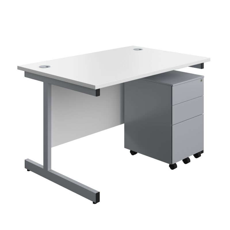 Single Upright Rectangular Desk + Under Desk Steel Pedestal 3 Drawers | 1200 X 800 | White/Silver