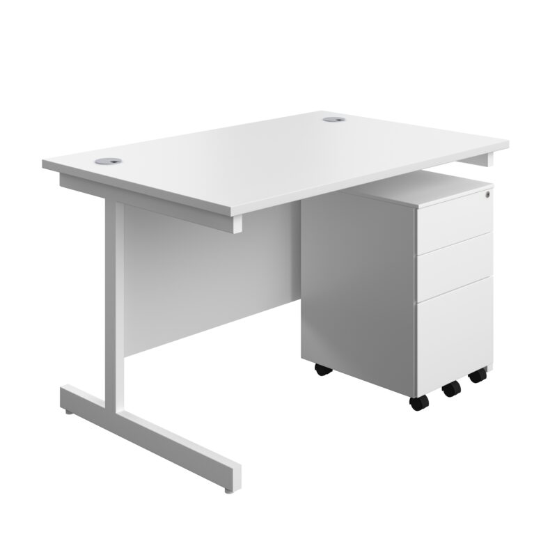 Single Upright Rectangular Desk + Under Desk Steel Pedestal 3 Drawers | 1200 X 800 | White/White