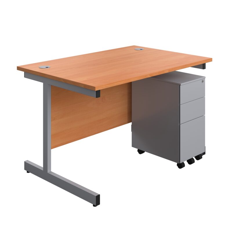 Single Upright Rectangular Desk + Slimline Steel Pedestal 3 Drawers | 1200 X 800 | Beech/Silver