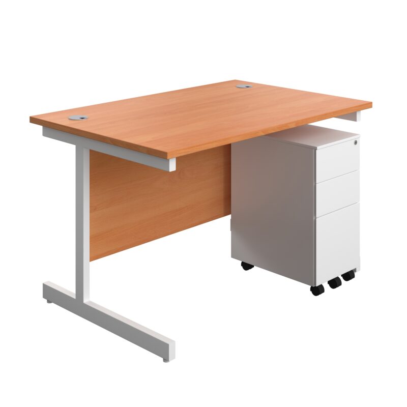 Single Upright Rectangular Desk + Slimline Steel Pedestal 3 Drawers | 1200 X 800 | Beech/White