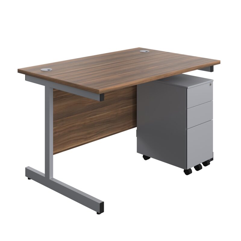 Single Upright Rectangular Desk + Slimline Steel Pedestal 3 Drawers | 1200 X 800 | Dark Walnut/Silver