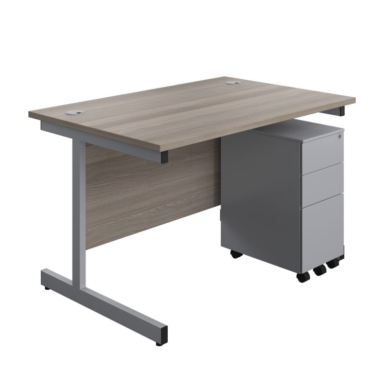 Single Upright Rectangular Desk + Slimline Steel Pedestal 3 Drawers | 1200 X 800 | Grey Oak/Silver