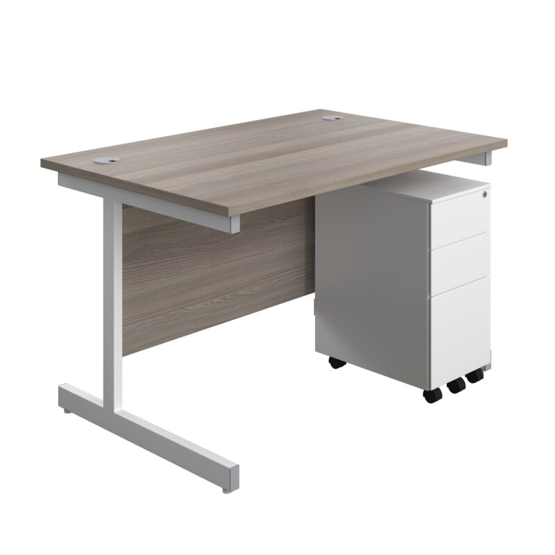 Single Upright Rectangular Desk + Slimline Steel Pedestal 3 Drawers | 1200 X 800 | Grey Oak/White