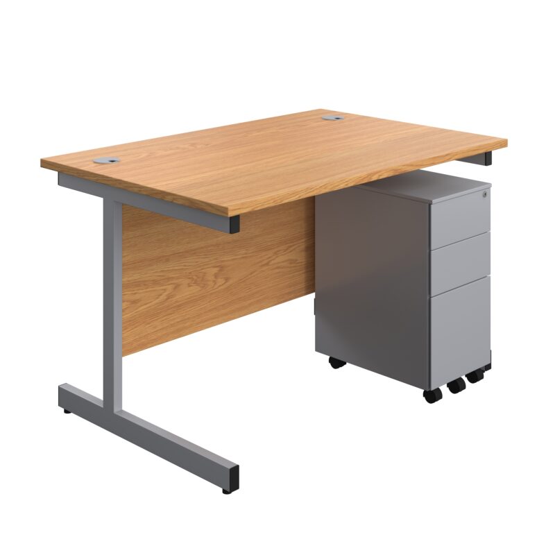 Single Upright Rectangular Desk + Slimline Steel Pedestal 3 Drawers | 1200 X 800 | Nova Oak/Silver