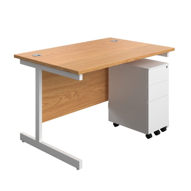 Single Upright Rectangular Desk + Slimline Steel Pedestal 3 Drawers | 1200 X 800 | Nova Oak/White