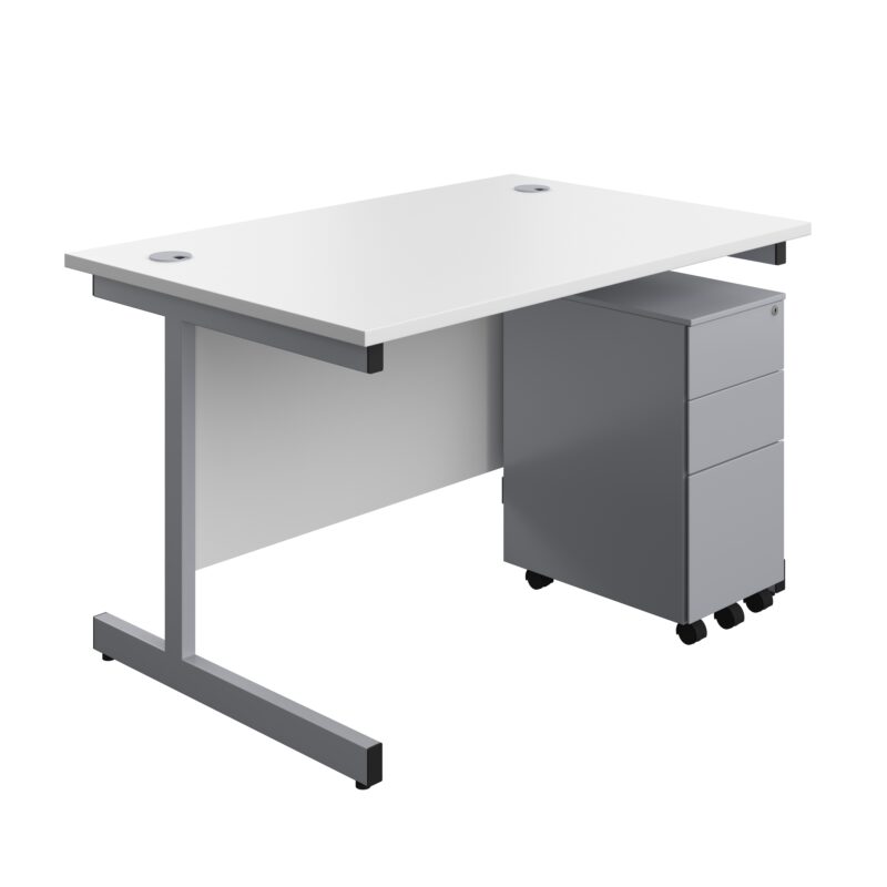 Single Upright Rectangular Desk + Slimline Steel Pedestal 3 Drawers | 1200 X 800 | White/Silver