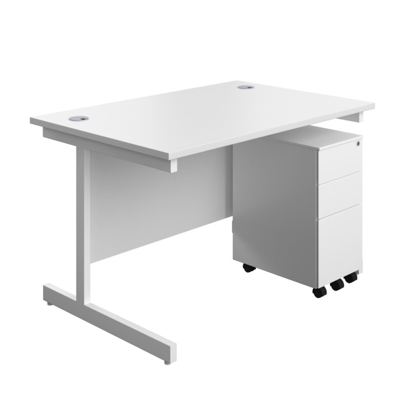 Single Upright Rectangular Desk + Slimline Steel Pedestal 3 Drawers | 1200 X 800 | White/White