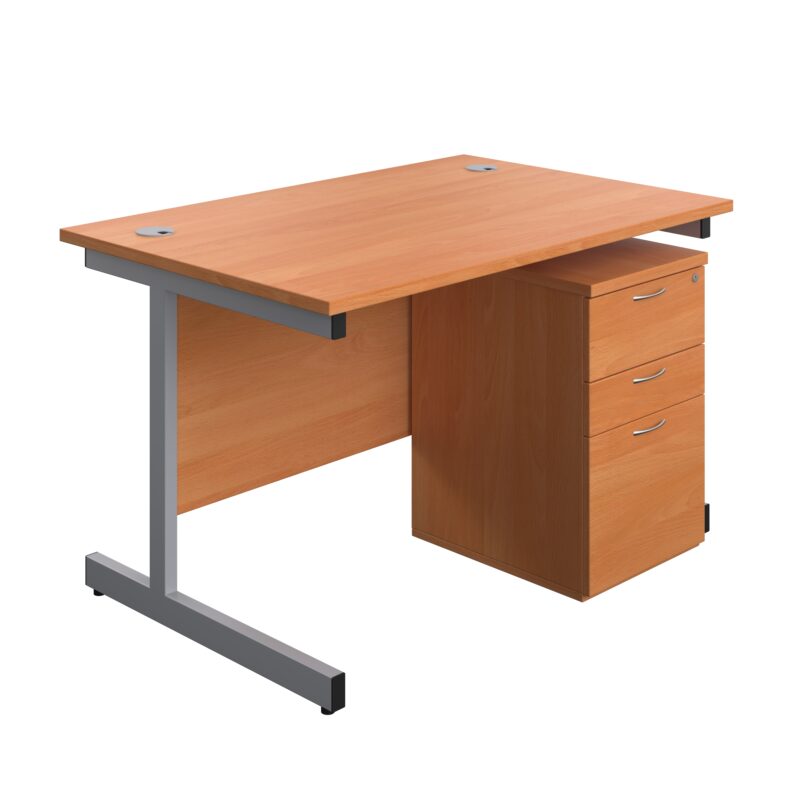 Single Upright Rectangular Desk + High Mobile Pedestal 3 Drawer | 1200 X 800 | Beech/Silver