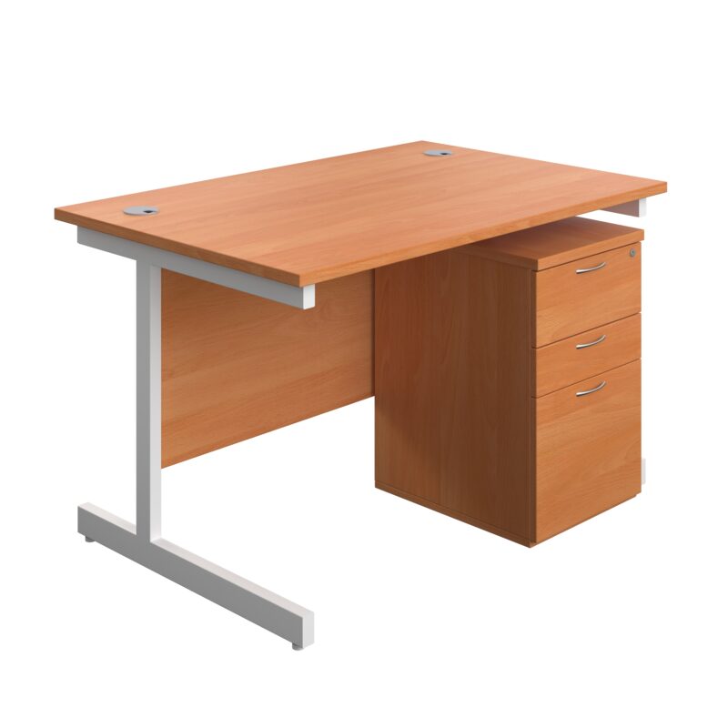 Single Upright Rectangular Desk + High Mobile Pedestal 3 Drawer | 1200 X 800 | Beech/White