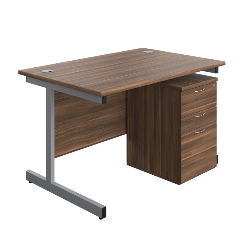 Single Upright Rectangular Desk + High Mobile Pedestal 3 Drawer | 1200 X 800 | Dark Walnut/Silver