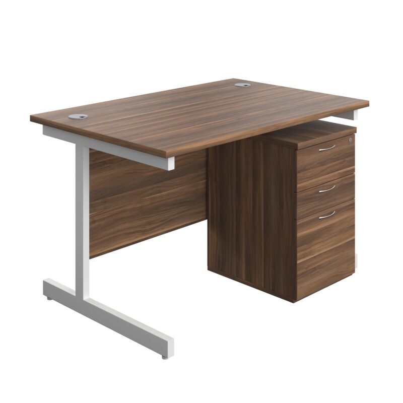 Single Upright Rectangular Desk + High Mobile Pedestal 3 Drawer | 1200 X 800 | Dark Walnut/White