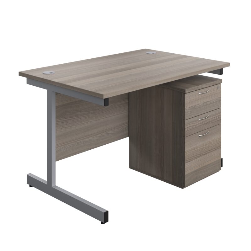 Single Upright Rectangular Desk + High Mobile Pedestal 3 Drawer | 1200 X 800 | Grey Oak/Silver