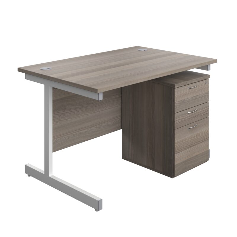 Single Upright Rectangular Desk + High Mobile Pedestal 3 Drawer | 1200 X 800 | Grey Oak/White