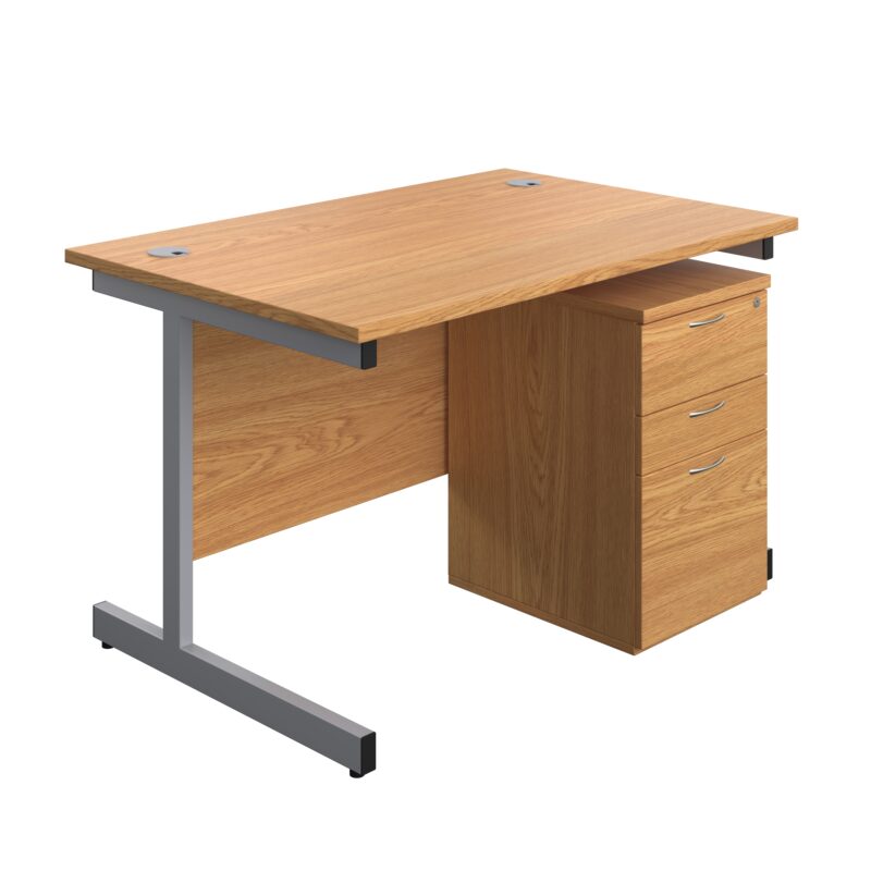 Single Upright Rectangular Desk + High Mobile Pedestal 3 Drawer | 1200 X 800 | Nova Oak/Silver