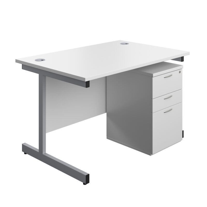 Single Upright Rectangular Desk + High Mobile Pedestal 3 Drawer | 1200 X 800 | White/Silver