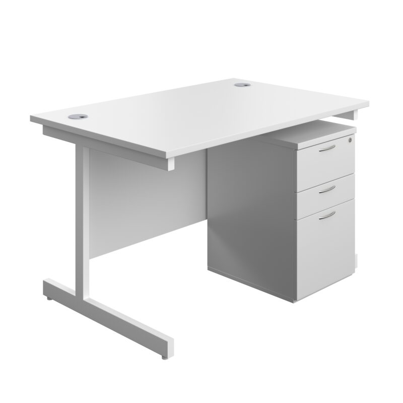 Single Upright Rectangular Desk + High Mobile Pedestal 3 Drawer | 1200 X 800 | White/White