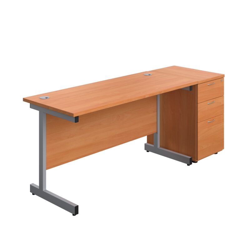 Single Upright Rectangular Desk + Desk High 3 Drawer Pedestal | 1400 X 600 | Beech/Silver