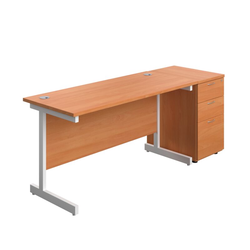 Single Upright Rectangular Desk + Desk High 3 Drawer Pedestal | 1400 X 600 | Beech/White