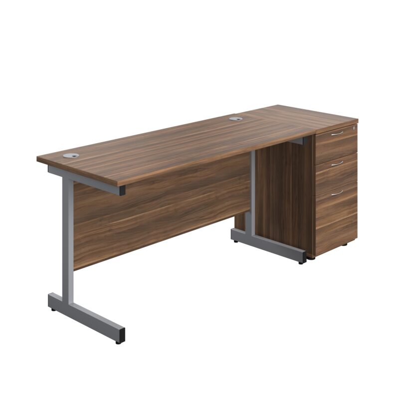 Single Upright Rectangular Desk + Desk High 3 Drawer Pedestal | 1400 X 600 | Dark Walnut/Silver