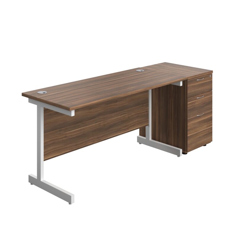 Single Upright Rectangular Desk + Desk High 3 Drawer Pedestal | 1400 X 600 | Dark Walnut/White