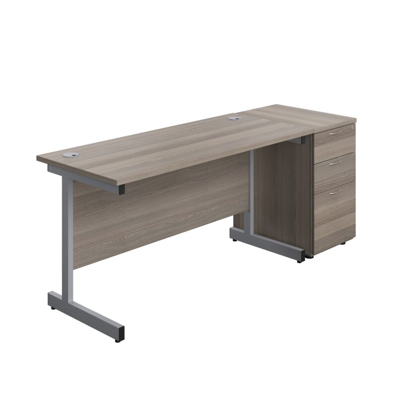 Single Upright Rectangular Desk + Desk High 3 Drawer Pedestal | 1400 X 600 | Grey Oak/Silver