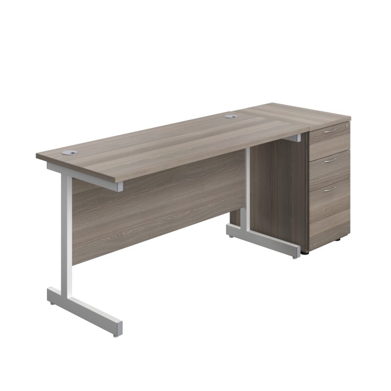 Single Upright Rectangular Desk + Desk High 3 Drawer Pedestal | 1400 X 600 | Grey Oak/White