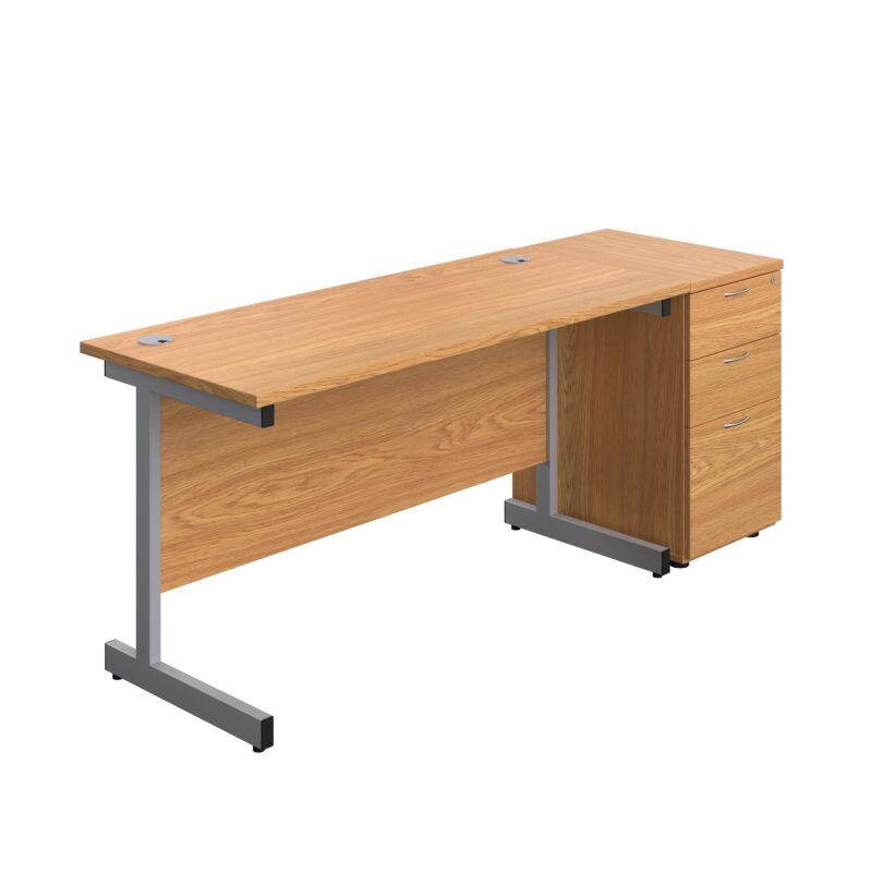 Single Upright Rectangular Desk + Desk High 3 Drawer Pedestal | 1400 X 600 | Nova Oak/Silver