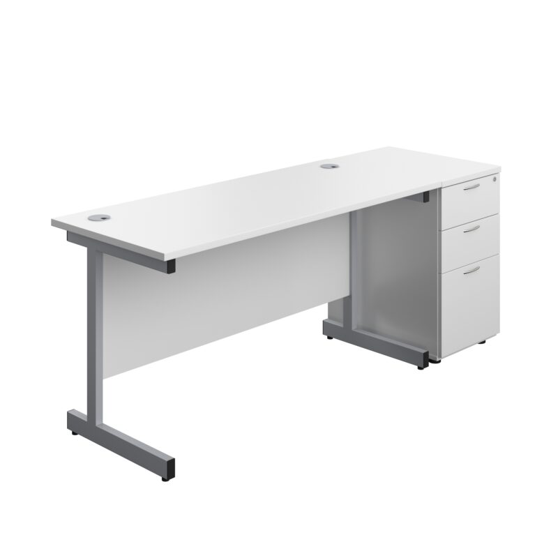 Single Upright Rectangular Desk + Desk High 3 Drawer Pedestal | 1400 X 600 | White/Silver