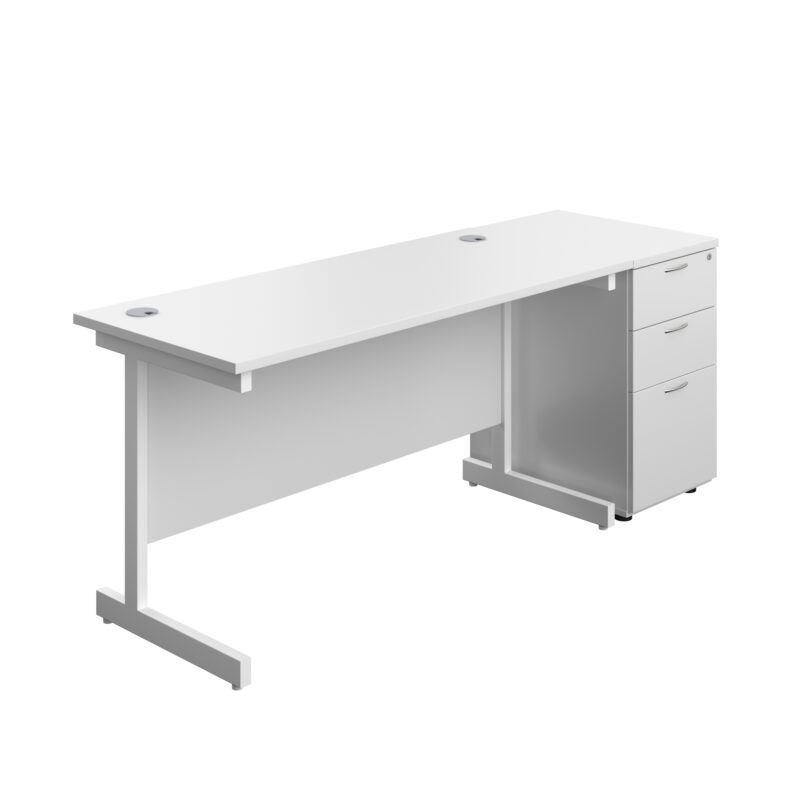 Single Upright Rectangular Desk + Desk High 3 Drawer Pedestal | 1400 X 600 | White/White