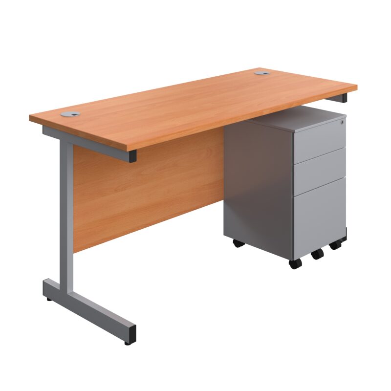 Single Upright Rectangular Desk + Under Desk Steel Pedestal 3 Drawers | 1400 X 600 | Beech/Silver